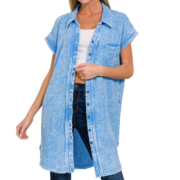 Zenana Outfitters Tops - Women's ZENANA Deep Sky Acid Washed Button Down Shirt Dress NWOT